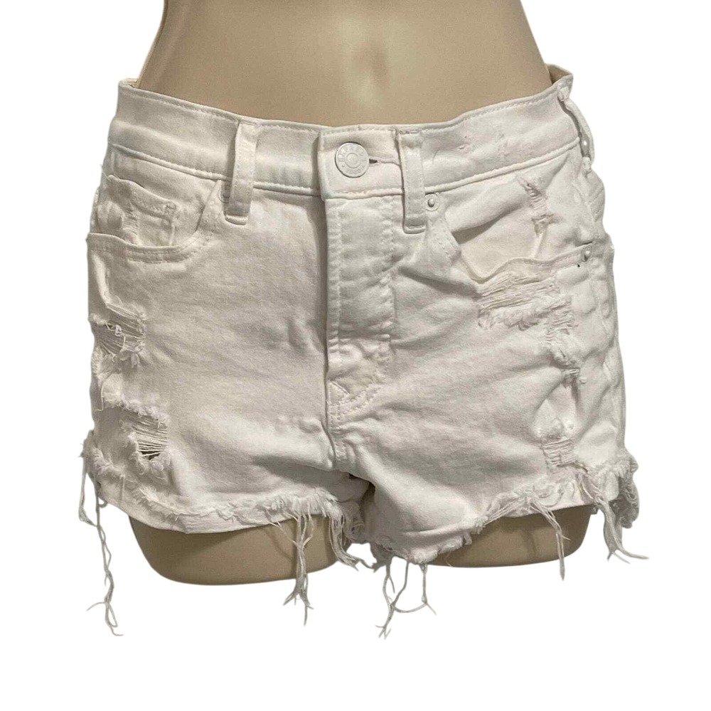 Express Shortie High Rise White Distressed Denim Shorts Size 00 Stretch Frayed